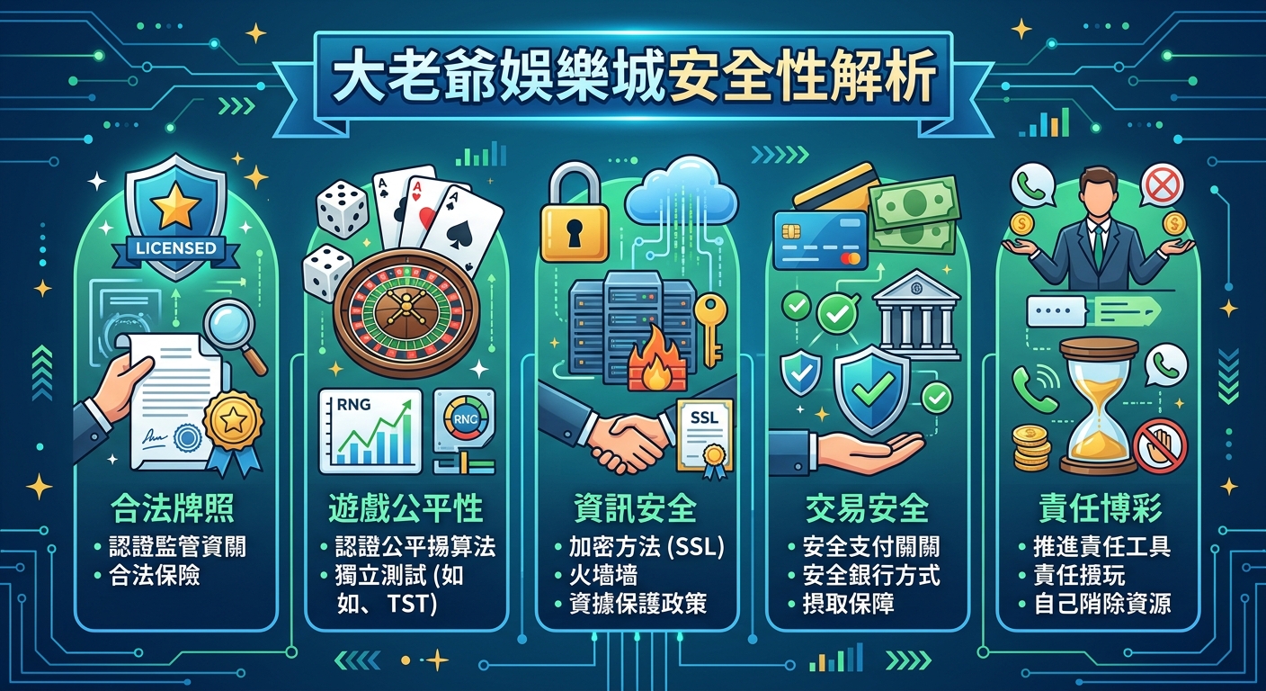 這張圖片是一份關於「大老爺娛樂城安全性解析」的圖解指南，透過五個核心面向展示其安全保障機制。 圖中涵蓋合法牌照、遊戲公平性、資訊安全、交易安全與責任博彩等模組，並運用各式圖標與線條打造出具科技感的藍綠色風格。