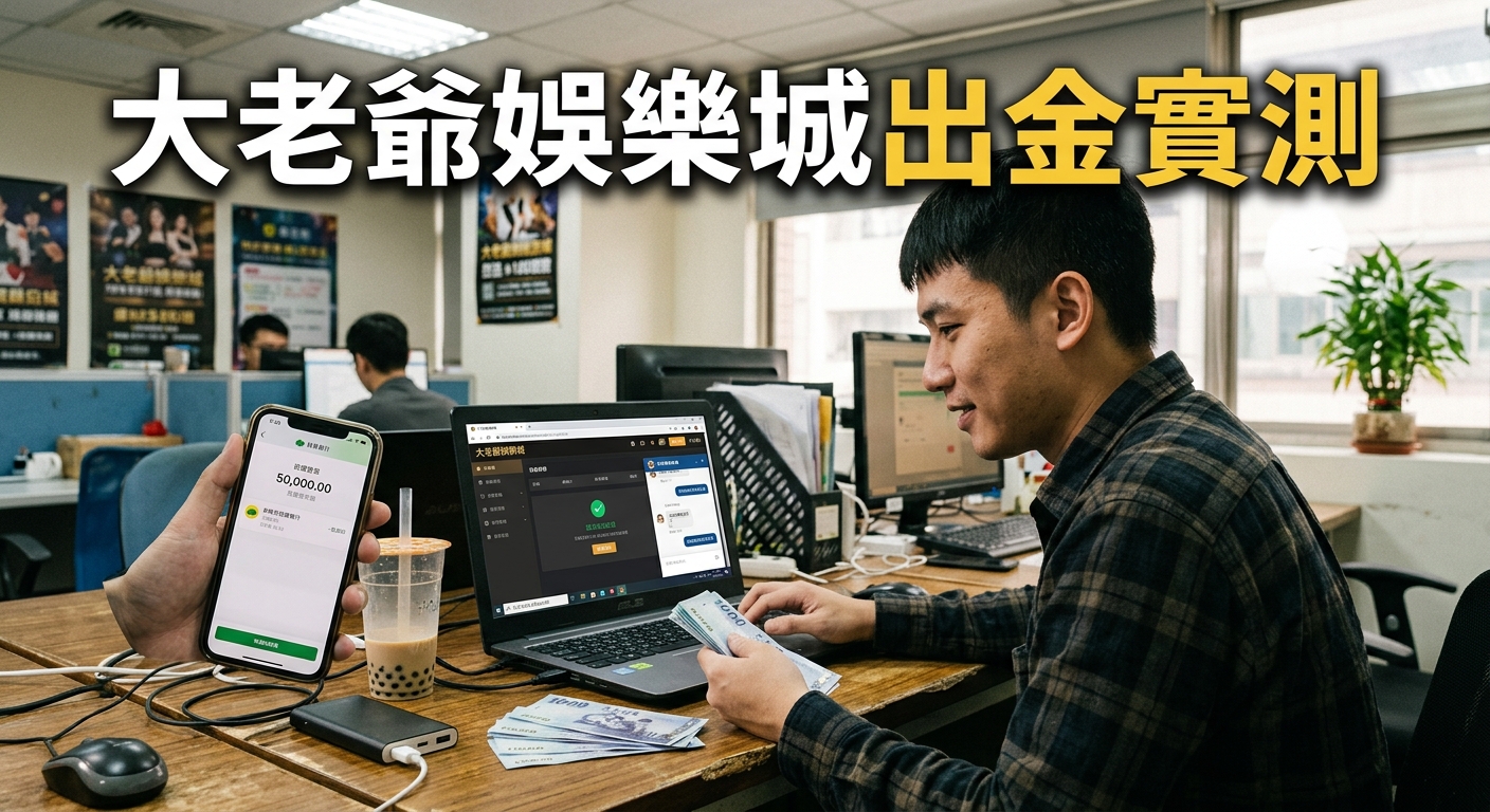 這張圖片展示了一名男子在辦公室內使用筆記型電腦與手機，進行線上娛樂城的提款（出金）流程實測。 畫面頂部標有醒目的繁體中文標題「大老爺娛樂城出金實測」，突顯出金測試的真實過程與主題。